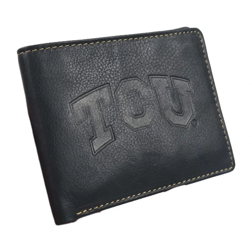 TCU Embossed Genuine Black Leather Men's Slim Bifold Wallet EXCELLENT COND